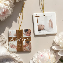 Woodgrain Baptism Calligraphy Photo Collage Baby セラミックオーナメント
