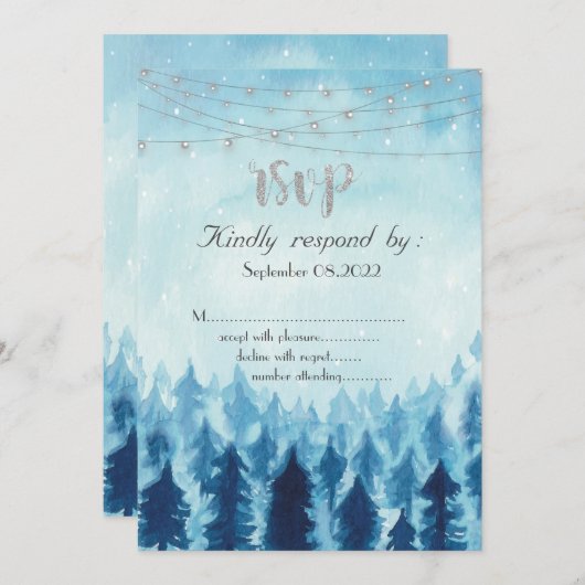 Woodland，森，松の木の青RSVP 招待状 (正面/裏面)