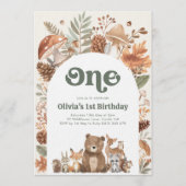 Woodland 1st Birthday Wild One Forest Animals 招待状 (正面)
