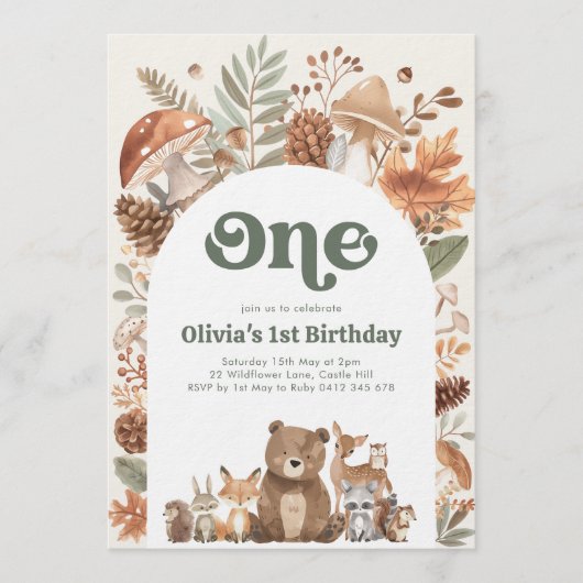 Woodland 1st Birthday Wild One Forest Animals 招待状 (正面)