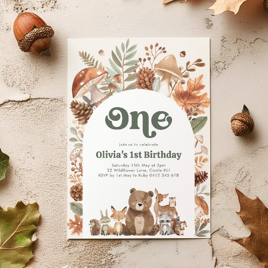 Woodland 1st Birthday Wild One Forest Animals 招待状