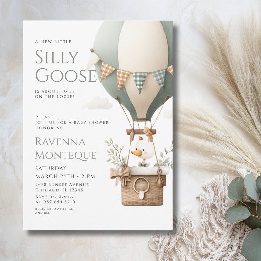 Woodland Air Balloon Silly Goose Bow Baby Shower 招待状