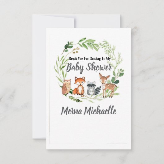 woodland animal baby shower invitation サンキューカード (正面)
