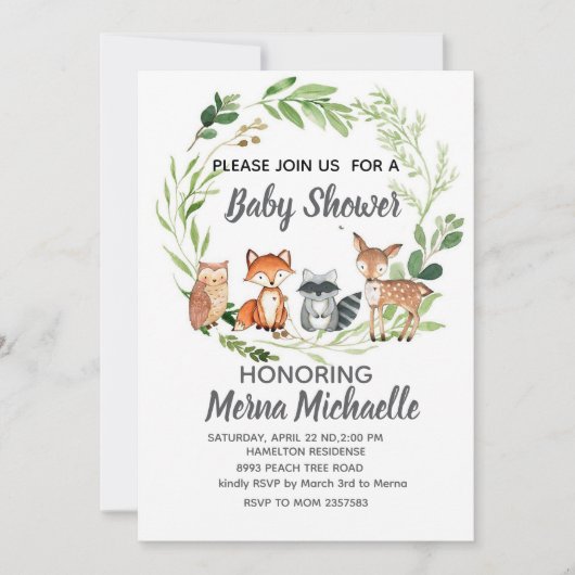 woodland animal baby shower invitation 招待状 (正面)