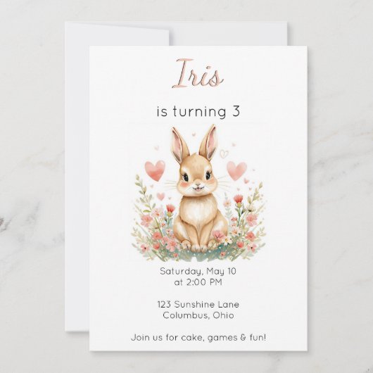 Woodland Animal Birthday Bunny Pink Hearts Floral 招待状 (正面)