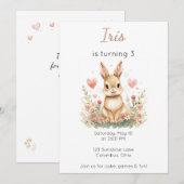 Woodland Animal Birthday Bunny Pink Hearts Floral 招待状 (正面/裏面)