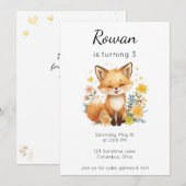 Woodland Animal Birthday Fox Yellow Hearts Floral 招待状 (正面/裏面)