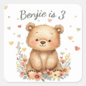 Woodland Animal Cute Bear Pastel Hearts Floral スクエアシール (正面)