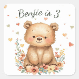 Woodland Animal Cute Bear Pastel Hearts Floral スクエアシール