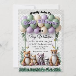 Woodland Animal Green aand Lavender Baby Shower 招待状