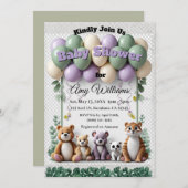 Woodland Animal Green aand Lavender Baby Shower 招待状 (正面/裏面)