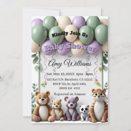 Woodland Animal Green aand Lavender Baby Shower 招待状