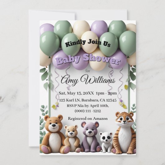 Woodland Animal Green aand Lavender Baby Shower 招待状 (正面)