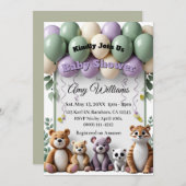Woodland Animal Green aand Lavender Baby Shower 招待状 (正面/裏面)