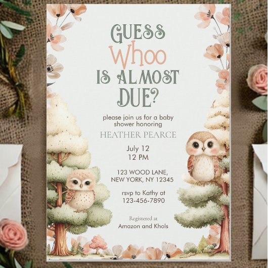 Woodland Animal Owl Baby Shower 招待状