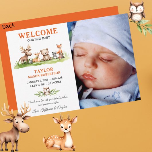Woodland Animals男の赤ちゃん写真アナウンスメントカード 招待状
