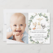 Woodland Animals 素朴 Greenery誕生日写真 招待状 (正面)