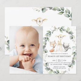 Woodland Animals 素朴 Greenery誕生日写真 招待状