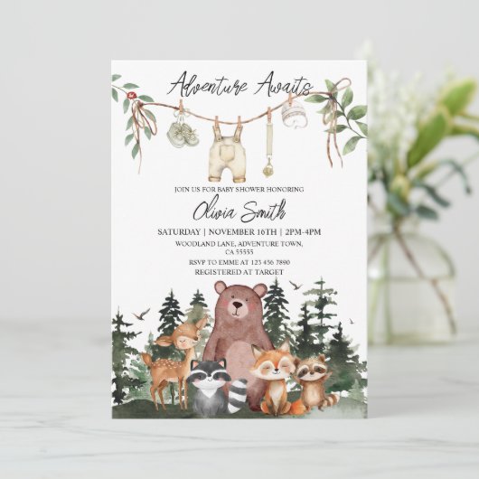 Woodland Animals Adventure Awaits Baby Shower 招待状 (スタンド正面)