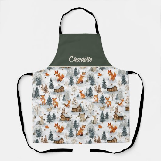 Woodland Animals and Rustic Cabins in the Snow エプロン (正面)