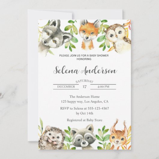 Woodland Animals Baby Shower Invitation  招待状 (正面)