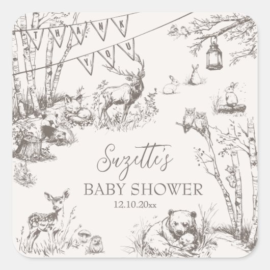 Woodland Animals Baby Shower Thank You スクエアシール (正面)