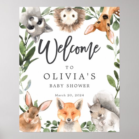Woodland Animals Baby Shower Welcome Sign ポスター (正面)