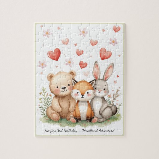 Woodland Animals Bear Fox Bunny Floral Heart ジグソーパズル (縦)