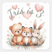 Woodland Animals Bear Fox Bunny Pink Hearts Girl スクエアシール (正面)