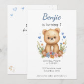 Woodland Animals Birthday Bear Boy Blue Hearts  招待状 (正面/裏面)