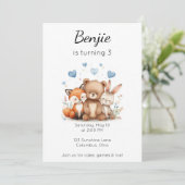 Woodland Animals Birthday Bear Fox Bunny Boy Blue  招待状 (スタンド正面)