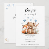 Woodland Animals Birthday Bear Fox Bunny Boy Blue  招待状 (正面/裏面)