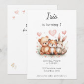 Woodland Animals Birthday Bear Fox Bunny Floral 招待状 (正面/裏面)