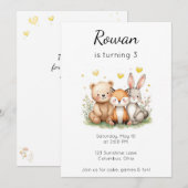 Woodland Animals Birthday Bear Fox Bunny Neutral 招待状 (正面/裏面)