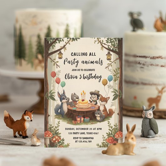 Woodland Animals Birthday Forest Party 招待状
