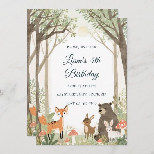 Woodland Animals Birthday Invitation - Forest 招待状 (正面/裏面)