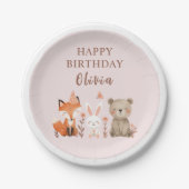 Woodland Animals Birthday Pink  ペーパープレート (正面)