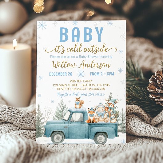 Woodland Animals Blue Truck Winter Baby Shower 招待状
