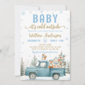 Woodland Animals Blue Truck Winter Baby Shower 招待状 (正面)