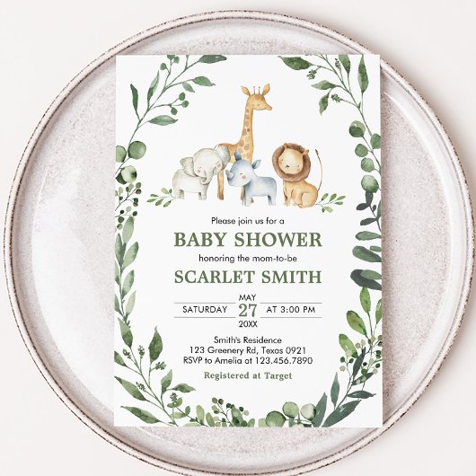 Woodland Animals Botanical Baby Shower  招待状