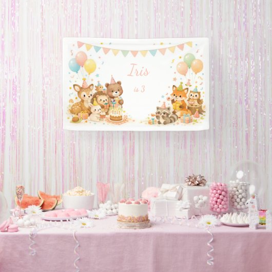 Woodland Animals Bunny Bear Fox Birthday Backdrop  横断幕 (パーティー)