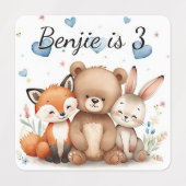 Woodland Animals Cute Bear Fox Bunny Kids Birthday ラベル (デザイン2)