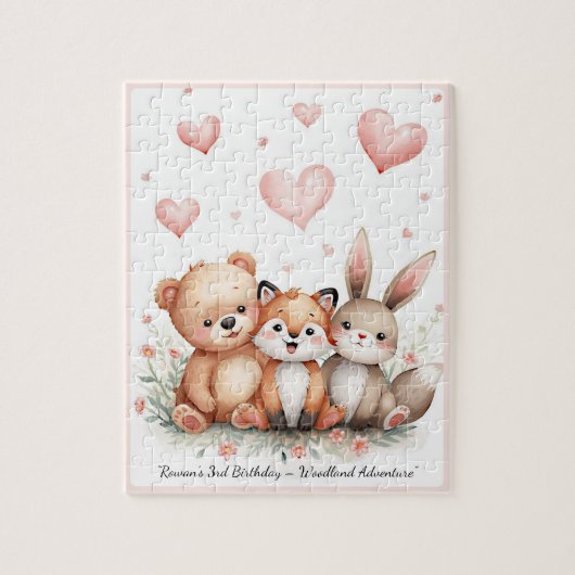 Woodland Animals Cute Bear Fox Bunny Pink Hearts ジグソーパズル (縦)