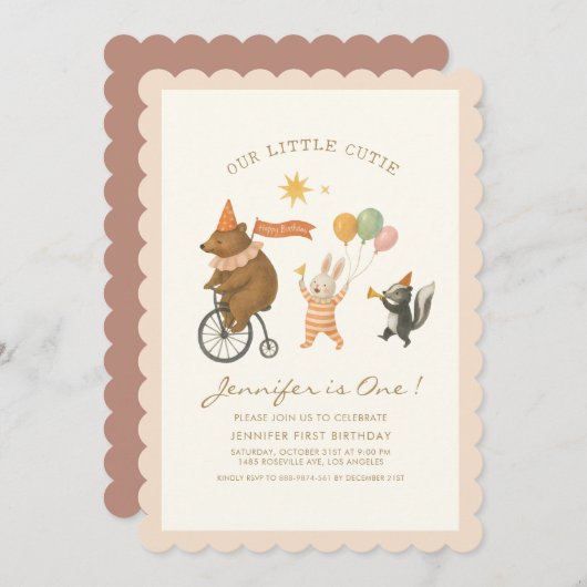 Woodland Animals First Birthday Invitation  招待状 (正面/裏面)