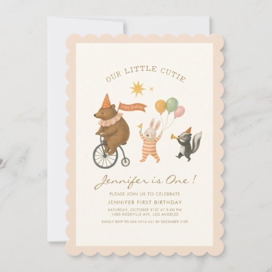Woodland Animals First Birthday Invitation  招待状 (正面)