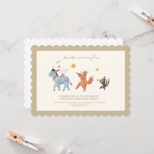 Woodland Animals First Birthday Invitation 招待状 (正面/裏面インサイチュ)