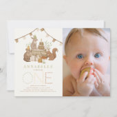 Woodland Animals Forestパーティー1stバースデーフォト 招待状 (正面)