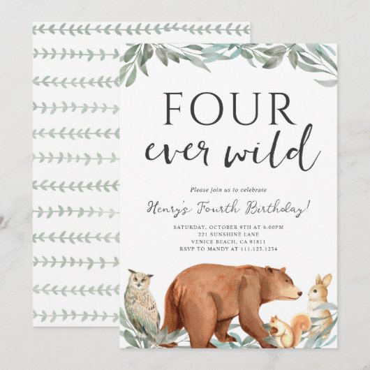 Woodland Animals Forest Birthday Party Invitation 招待状 (正面/裏面)