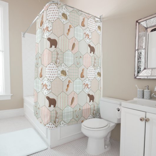 Woodland Animals Forest Patchwork Baby Shower Gift シャワーカーテン (インサイチュ)