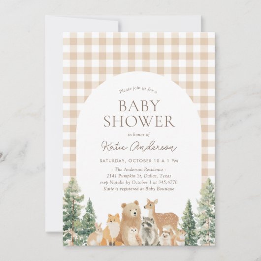 Woodland Animals Gingham Baby Shower 招待状 (正面)